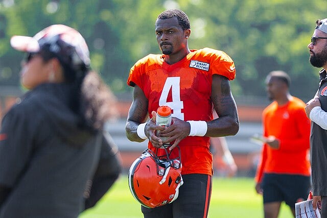 Deshaun Watson in a 2023 Cleveland Browns training camp session. (Erik Drost/Creative Commons/Wikimedia)