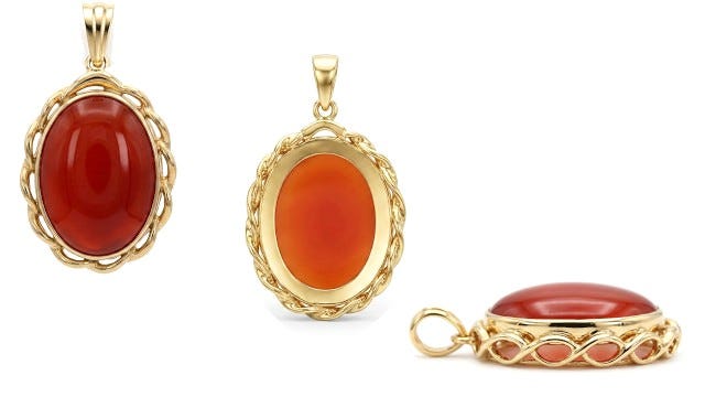 A method for selecting, step-by-step, an 18K gold-set orange agate (carnelian) pendant top, chain…