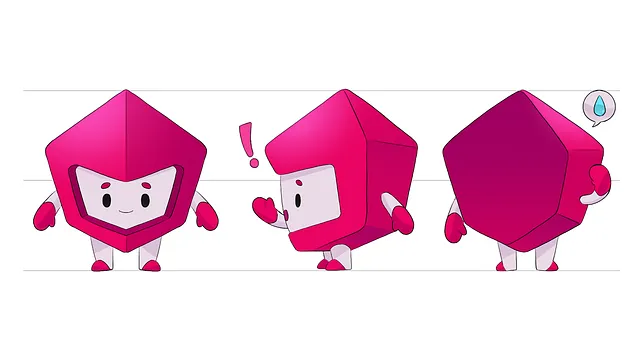 Un personnage de mascotte inspiré du logo Angular. Il a une forme de bouclier avec des pieds et des mains. Il sourit.