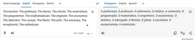 Bias nella traduzione di Google delle professioni dall'inglese al portoghese, come evidenziato dai pronomi specifici di genere (Fonte: Immagine dell'autore)