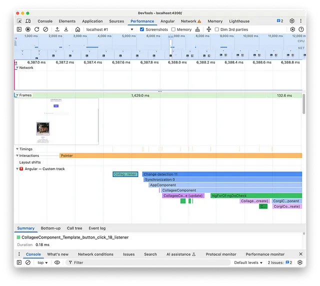Capture d'écran de Chrome DevTools. L'image montre l'onglet "Performance" dans lequel il y a une information spécifique à Angular, telle que, combien de temps cela a pris pour créer un composant particulier et combien de temps ils ont passé dans la détection de changement.