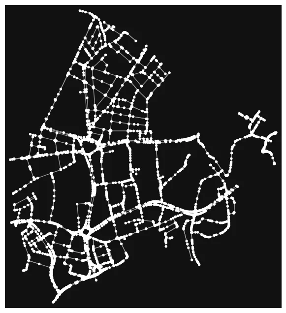 Importazione dei dati raw di OSM. I punti bianchi rappresentano i nodi, che dovrebbero rappresentare gli incroci delle strade. [Immagine dell'autore]