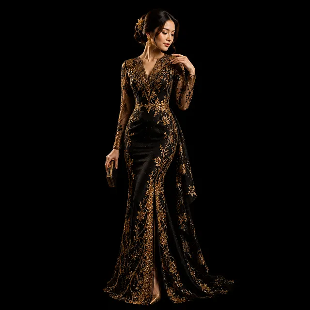 Kebaya Modern Glamour Hitam Gold untuk Pesta dan Wedding - Jepor Store