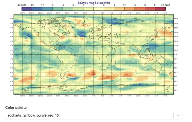 从 ERA5 数据导出的全球东向风速。来源：Copernicus 气候变化服务信息 2023