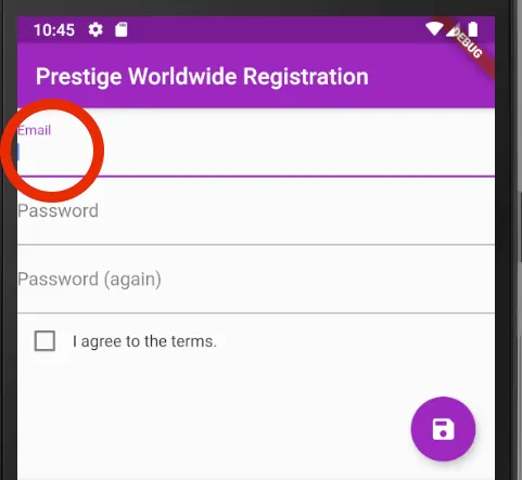 Form with the email address field in focus