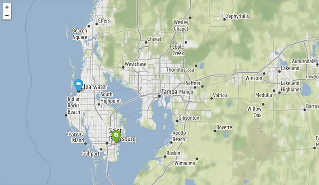 Mappa di Tampa con marcatori. Immagine creata utilizzando dati di Folium e Open Street Map.