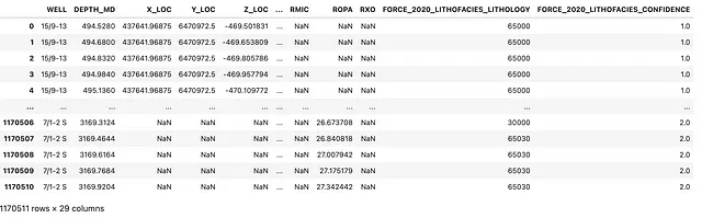 Dataframe contenente i dati dei log dei pozzi della Pancia Norvegese. Immagine dell'autore.