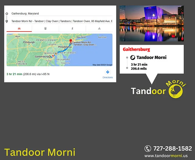 Visual representation of the distance between Gaithersburg, Maryland, and the Tandoor Morni Warehouse