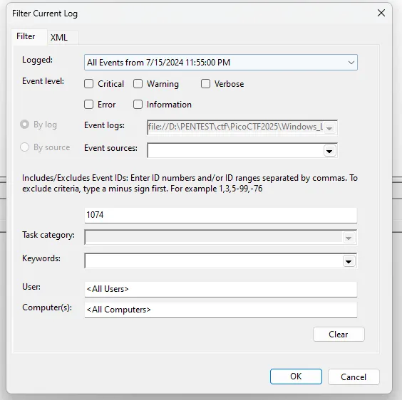 Event Viewer filter shutdown