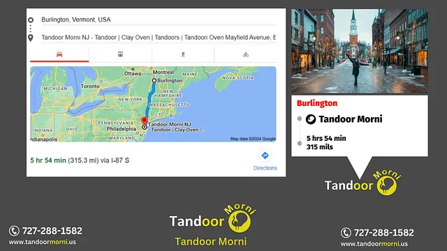 Geographical depiction showing the location of Vermont in relation to the Tandoor Morni warehouse in New Jersey.