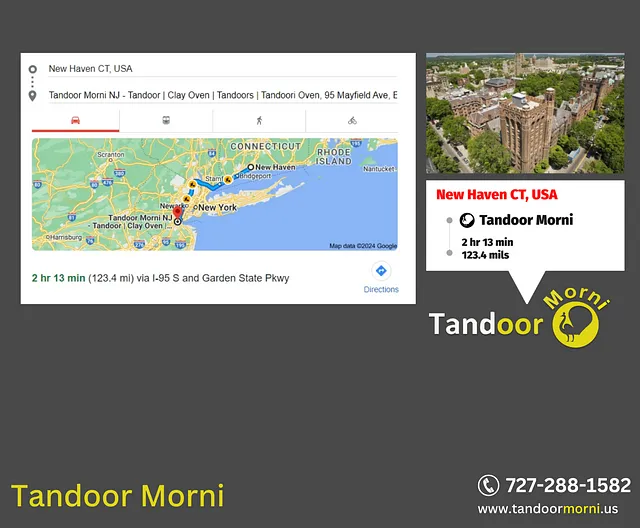 Map displaying the distance from New Haven to Tandoor Morni's New Jersey location.