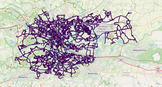 Centralità di betweenness delle strade di Cracovia senza considerare le città vicine nel grafo. [Immagine dell'autore]