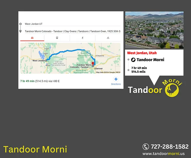 Map displaying the distance between Tandoor Morni in Colorado and West Jordan, UT – 7 hours and 49 minutes, covering a distance of 514 miles.