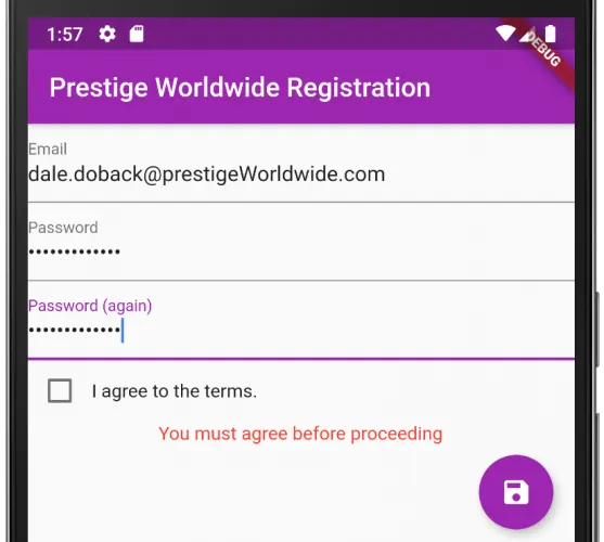 Form with an unchecked I agree to terms checkbox and an error message saying You must agree before proceeding