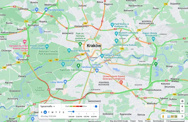 Traffico tipico a Cracovia durante il tragitto del lunedì [©2023 Google, fonte]