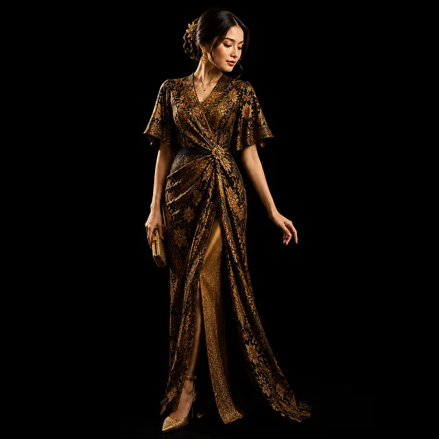 Dress Kebaya Batik Mewah Hitam Gold Lengan Kimono - Jepor Store