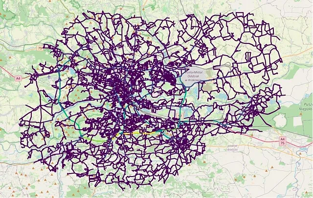 Centralità di intermediazione di Cracovia per ogni segmento stradale. [Immagine dell'autore]