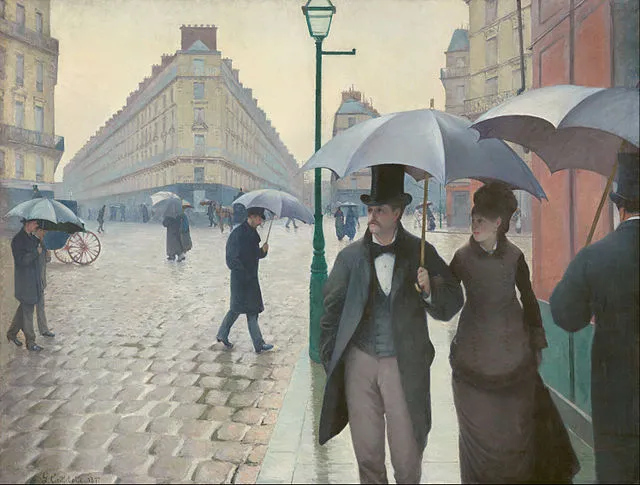 Fancy Parisiens glad they brought an umbrella even if the forecast said there would be no rain (1877). Gustave Caillebotte / Google Art Project, public domain.