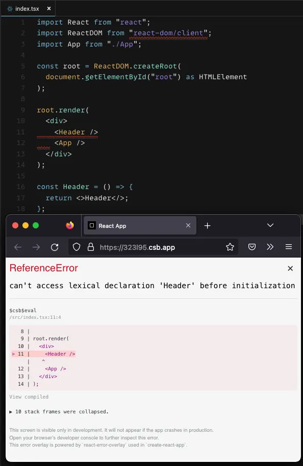 Code sandbox showing an invalid use of the const keyword