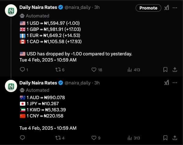 Tweet thread showing exchange rates