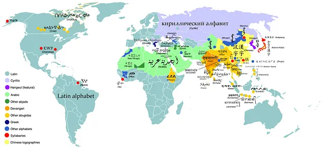 Alcuni dei molti sistemi di scrittura del mondo. (Immagine di Nickshanks, CC-BY-SA-3)