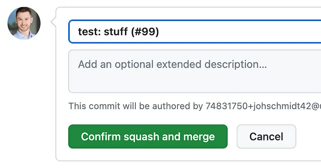 Finestra di dialogo di Squash & merge in una PR - Immagine dell'autore