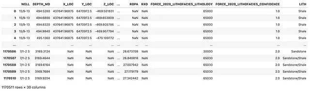 Dataframe contenente dati di log di pozzo dal Norwegian Continental Shelf. Immagine dell'autore.