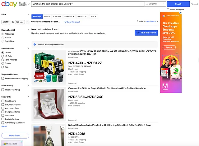 Figura 1. Risultati di ricerca di Ebay per la query 'Quali sono i migliori regali per ragazzi sotto i 5 anni?' | Fonte: Ebay.com