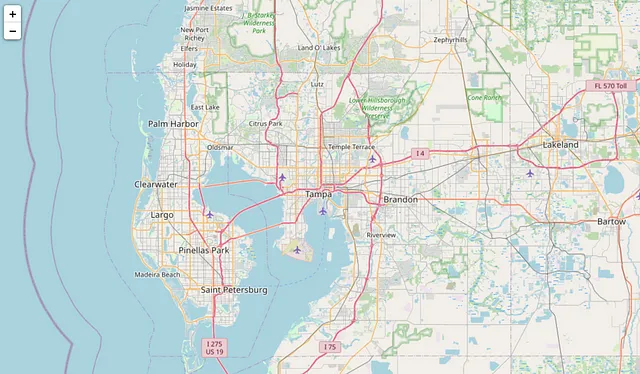 Mappa di Tampa, Florida. Immagine creata utilizzando dati Folium e Open Street Map.