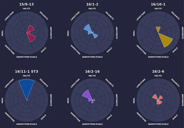 Grafici a barre radiali delle variazioni litologiche sulla Piattaforma Continentale Norvegese. Immagine dell'autore.