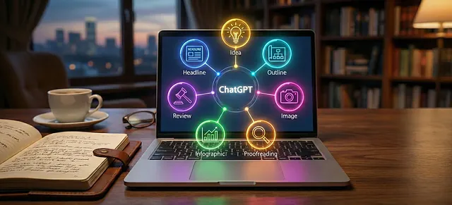 Creative header image depicting a laptop on a desk displaying a glowing holographic ChatGPT interface. It visualizes a complete content creation workflow with illuminated icons surrounding the central “ChatGPT” text, labeled: Idea, Headline, Outline, Image, Proofreading, Infographic, and Review.