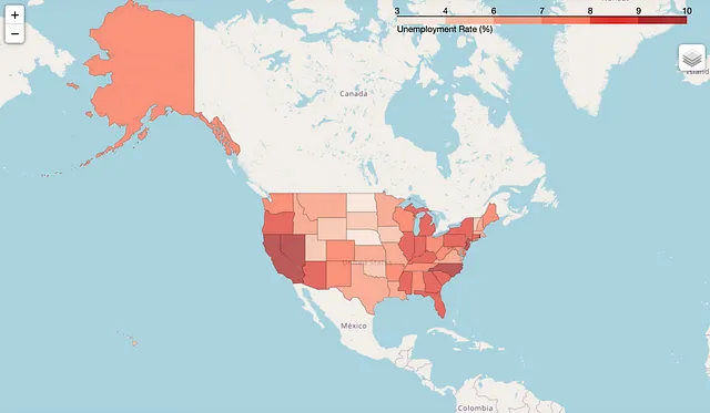 Mappa cloropetica che mostra la disoccupazione negli Stati Uniti.