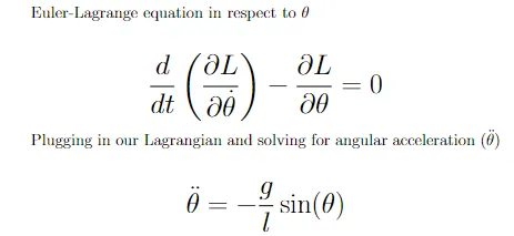Equazione 5: Accelerazione angolare dall'equazione di Euler-Lagrange