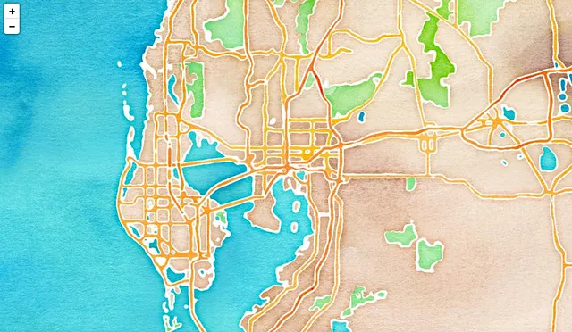 Mappa ad acquerello di Tampa. Immagine creata utilizzando dati di Folium e Open Street Map.