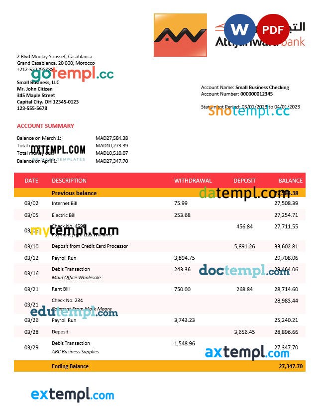 Attijariwafa Bank business statement Word and PDF template download ...
