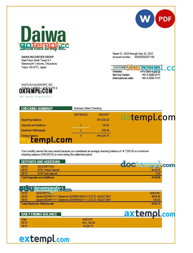 Daiwa Securities Group business bank statement Word and PDF template download template