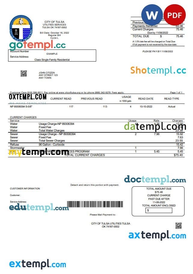 USA Oklahoma City of Tulsa utility bill, PDF and Word download template