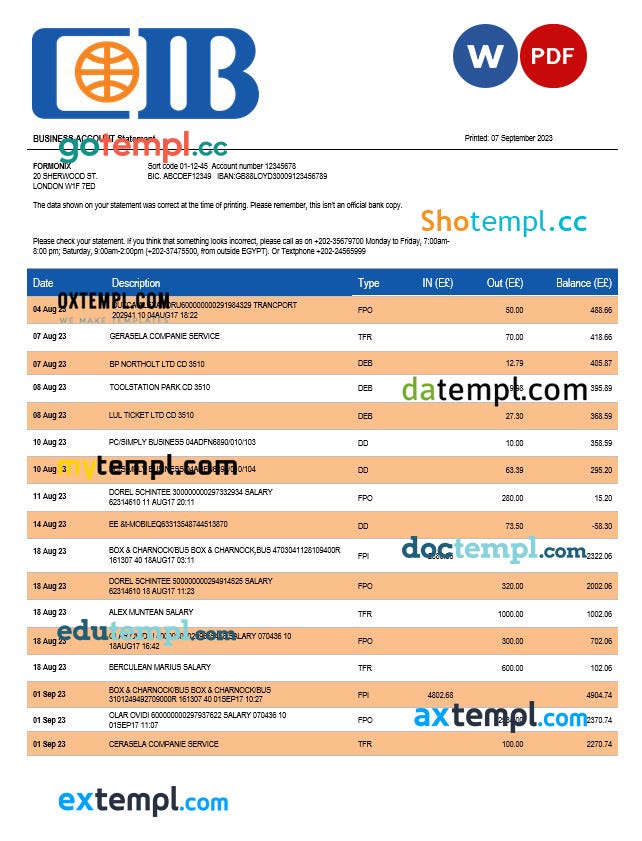 CIB Bank enterprise account statement Word and PDF template download template