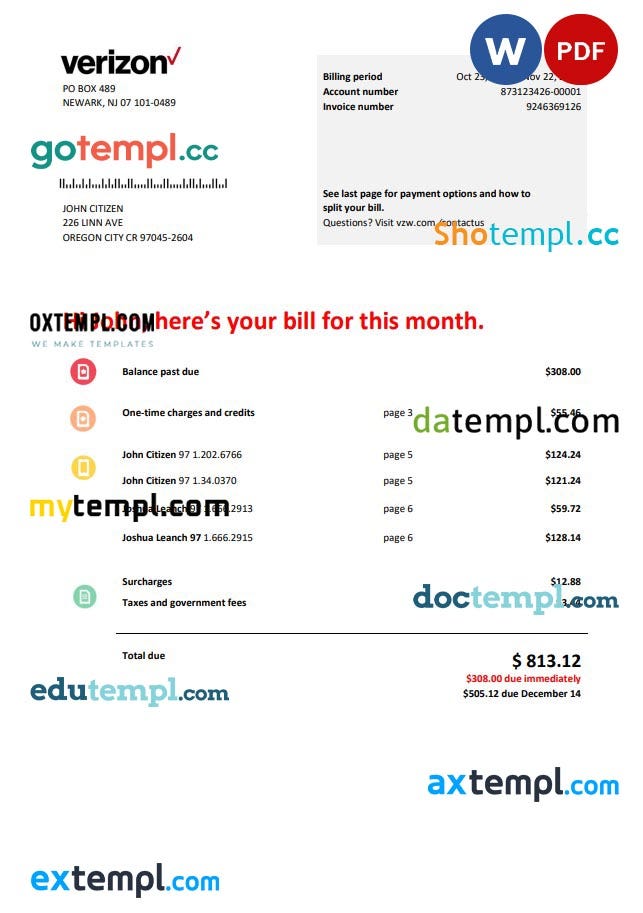 USA Verizon telecommunications utility bill template in Word and PDF format