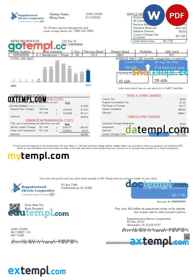 USA Rappahannock Electric Cooperative utility bill, PDF and Word