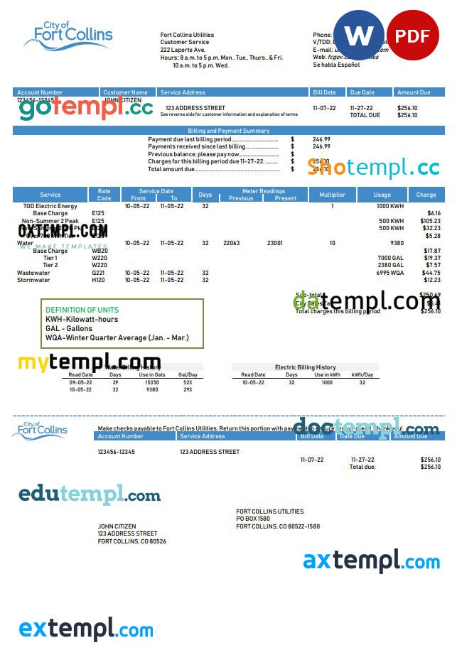 USA Colorado Fort Collins Utilities utility bill template in Word and PDF format