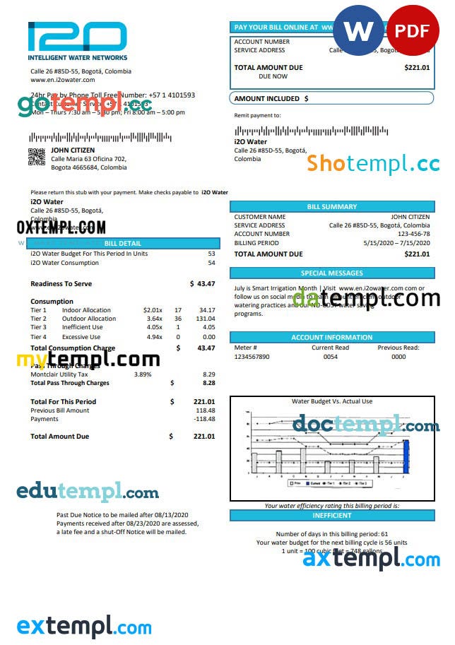 Colombia i2O Water utility bill template in Word and PDF format | by ...