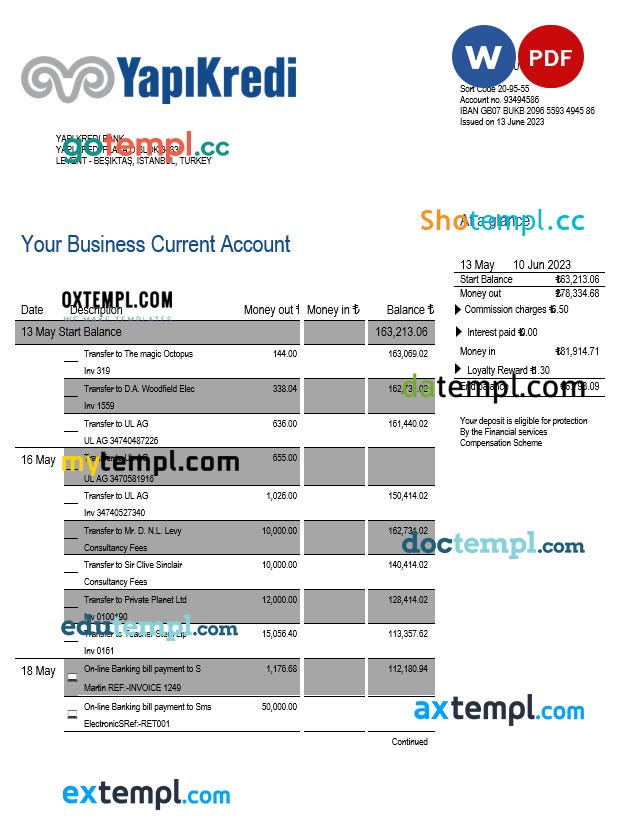 Yapi Kredi Bank organization account statement Word and PDF template download template by
