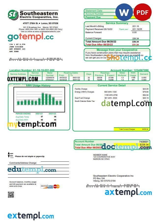 USA South Dakota Southeastern Electric utility bill template in Word