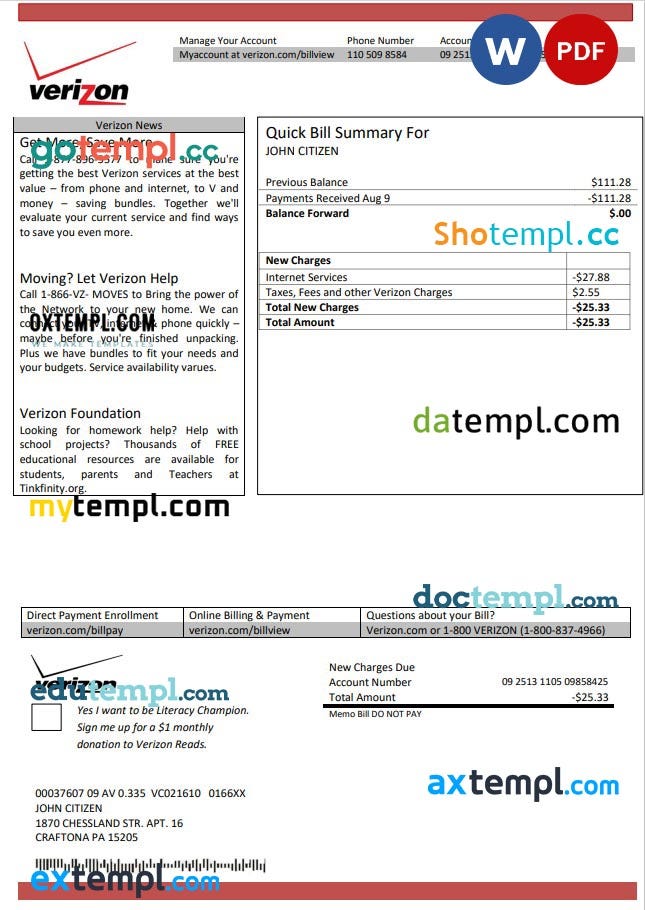 USA Verizon utility bill template in Word and PDF format, fully editable