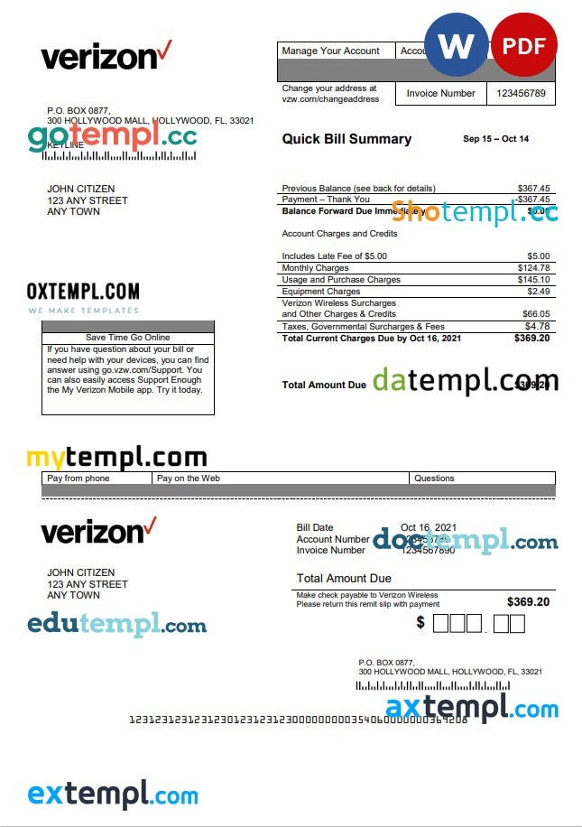 USA Verizon utility bill template in Word and PDF format, fully editable, version 2