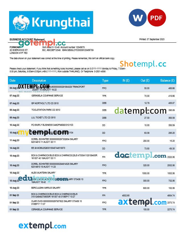 Krung Thai Bank organization statement Word and PDF template download template