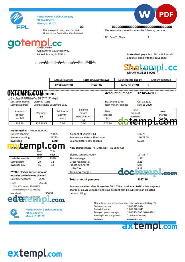 Usa florida power light company fpl electricity utility bill pdf