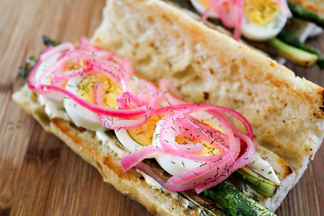 Boiled Egg, Sauteed Asparagus, and Pickled Onion Sandwich