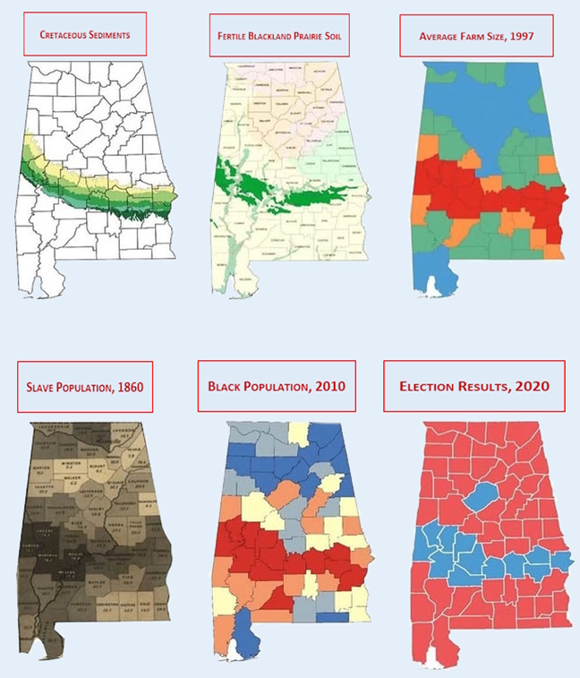 Alabama is a masterclass in path dependency. It all begins with a coastline: during the Cretaceous period, the sea left behind a crescent-shaped strip of nutrient-rich sediments — today a dark, chalk-like soil, ideal for cotton. From 1830 onward, European colonists built sprawling plantations here and forcibly transported hundreds of thousands of enslaved people from Africa to their continent. This forced migration remains visible to this day: in 2010, the descendants of the enslaved still lived predominantly in precisely those same counties.